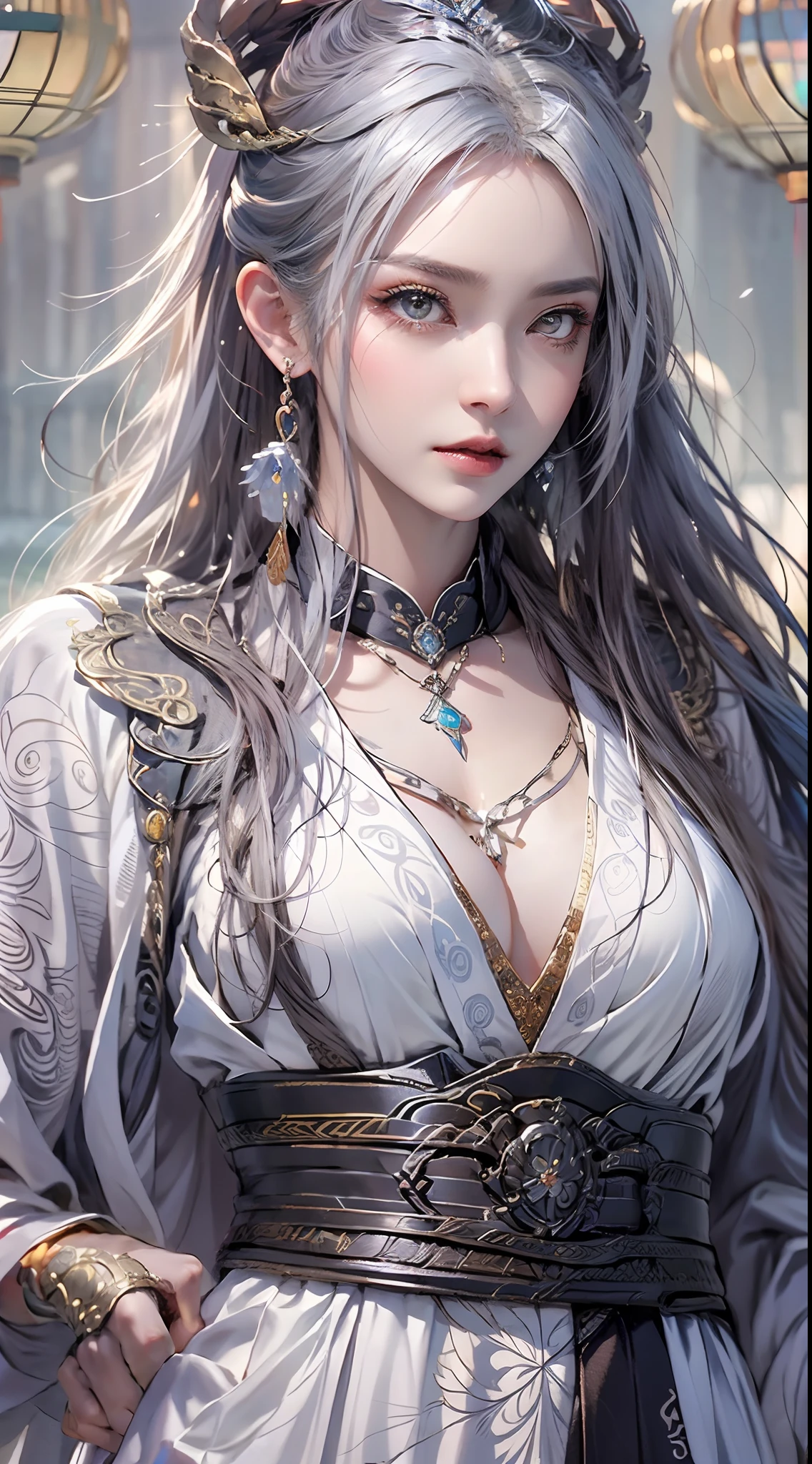 Photorealistic, high resolution, 1 woman, hips up, Beautiful eyes, Long hair, ringed eyes, jewelry, tattoo, hanfu, Chinese general, white hair
