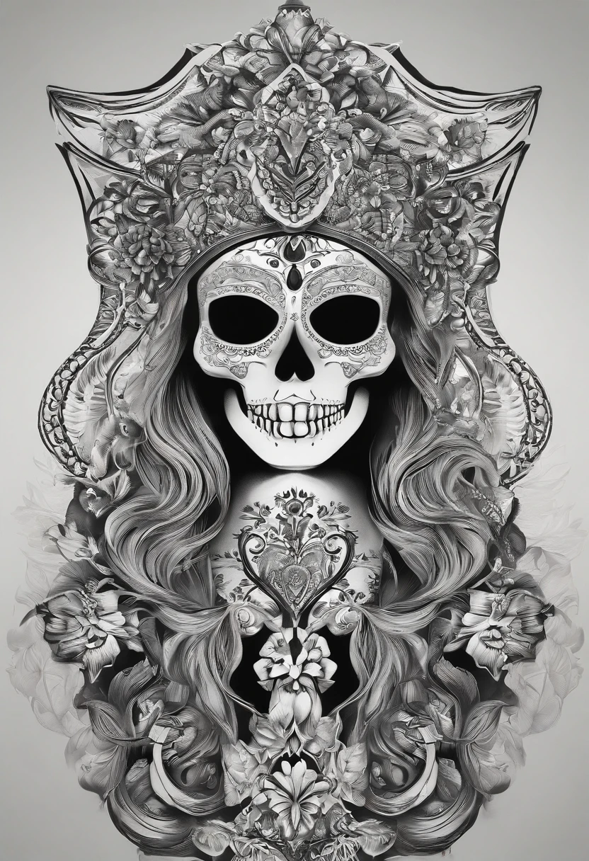 skeleton female ornate princess with white long flowing hair, trending on artstation, flowers of hope by Jean-Honor Fragonard, Peter mohrbacher, hyper detailed, insane details, intricate, elite, art nouveau, ornate, liquid wax, elegant, luxury, Greg Rutkowski, ink style, sticker, vector-art beautiful character design, double exposure shot, luminous design, amoled black background