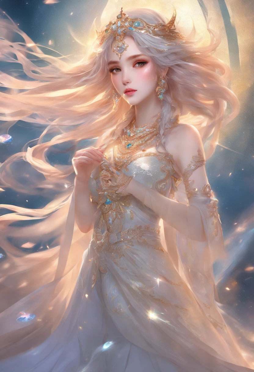 （A high resolution，ultra - detailed）， offcial art, Unity 8k壁纸, Ultra-detailed, Beautiful and aesthetically pleasing, tmasterpiece, best qualityer,long  skirt，Slender and slender girl，Wearing a gauze dress shining with broken diamonds，With a hood，Shrouded head，The material of the clothes is light，Gaia style，The clothes are wrapped with auspicious cloud patterns