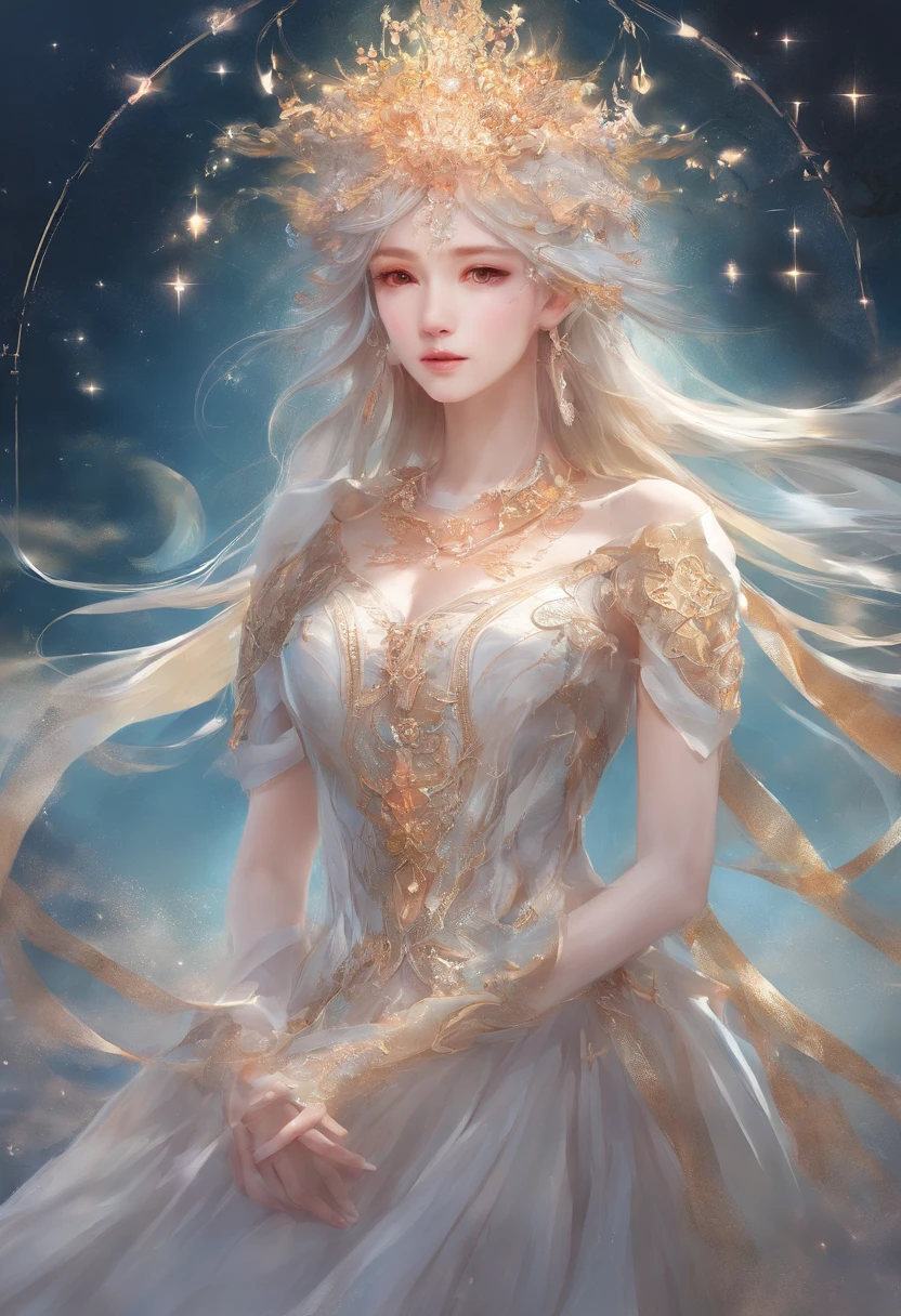 （A high resolution，ultra - detailed）， offcial art, Unity 8k壁纸, Ultra-detailed, Beautiful and aesthetically pleasing, tmasterpiece, best qualityer,long  skirt，Slender and slender girl，Wearing a gauze dress shining with broken diamonds，With a hood，Shrouded head，The material of the clothes is light，Gaia style，The clothes are wrapped with auspicious cloud patterns
