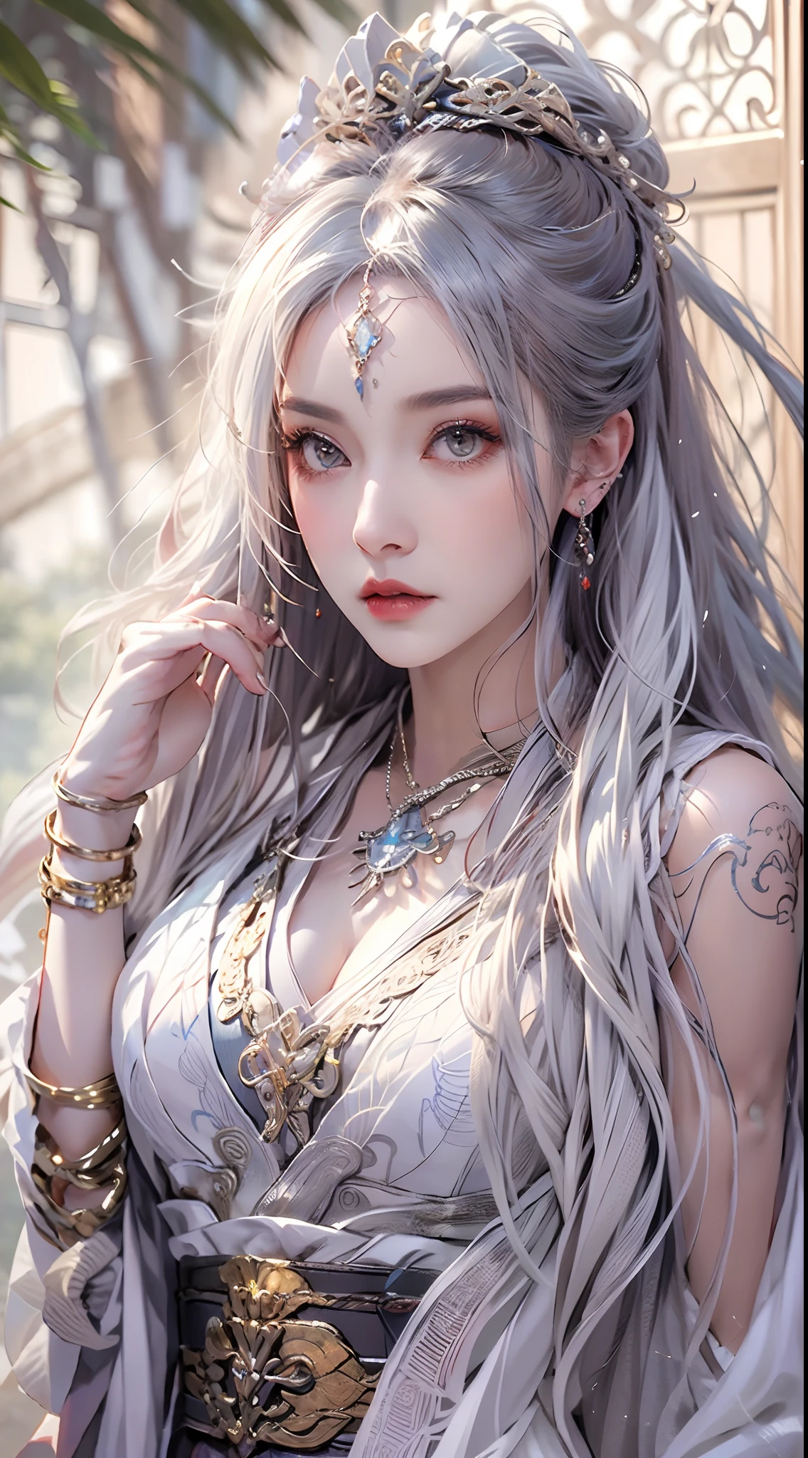 Photorealistic, high resolution, 1 woman, hips up, Beautiful eyes, Long hair, ringed eyes, jewelry, tattoo, hanfu, Chinese general, white hair