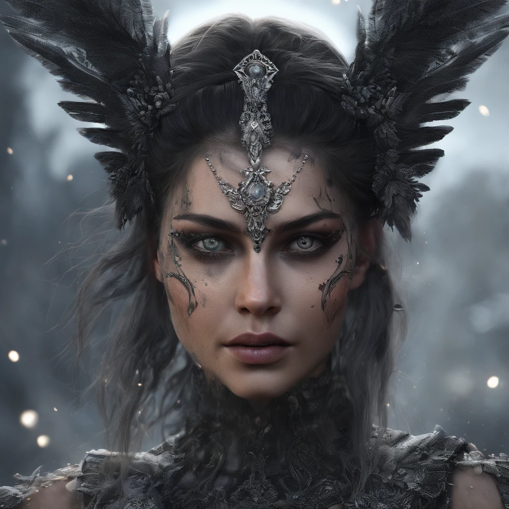 A portrait of a beautiful Queen Mab Mab, perfect body, moon reflecting off face, dark hair, Apocalyptic, Viktor Miller, Kyle Lambert, Charlie Davis, divine proportion, ink, artwork, Royo, cinematic, 16k, sharp focus emitting diodes smoke sparks artstation hyper realism painting concept art of detailed character design matte painting