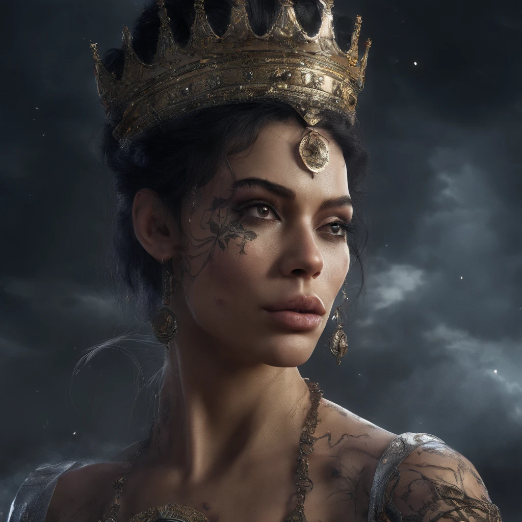 A portrait of a beautiful Queen Mab Mab, perfect body, moon reflecting off face, dark hair, Apocalyptic, Viktor Miller, Kyle Lambert, Charlie Davis, divine proportion, ink, artwork, Royo, cinematic, 16k, sharp focus emitting diodes smoke sparks artstation hyper realism painting concept art of detailed character design matte painting
