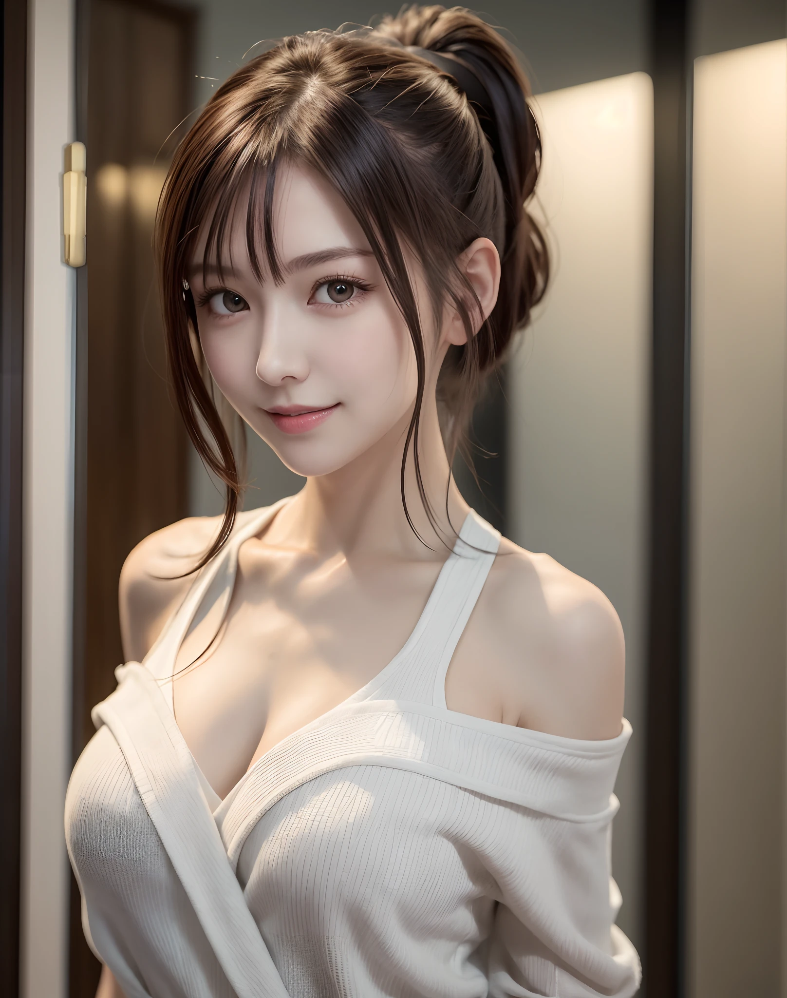 (Best Quality), (masutepiece), (High resolution), (Intricate details:0.2),(Professional Lighting), dressing gown, Detailed background,off shoulders, (Previous view), 1girl in, Solo, (Beautiful face), Slim body, Fine skin, Smile, brown hair in a ponytail, Beautiful eyes, look at at viewer,