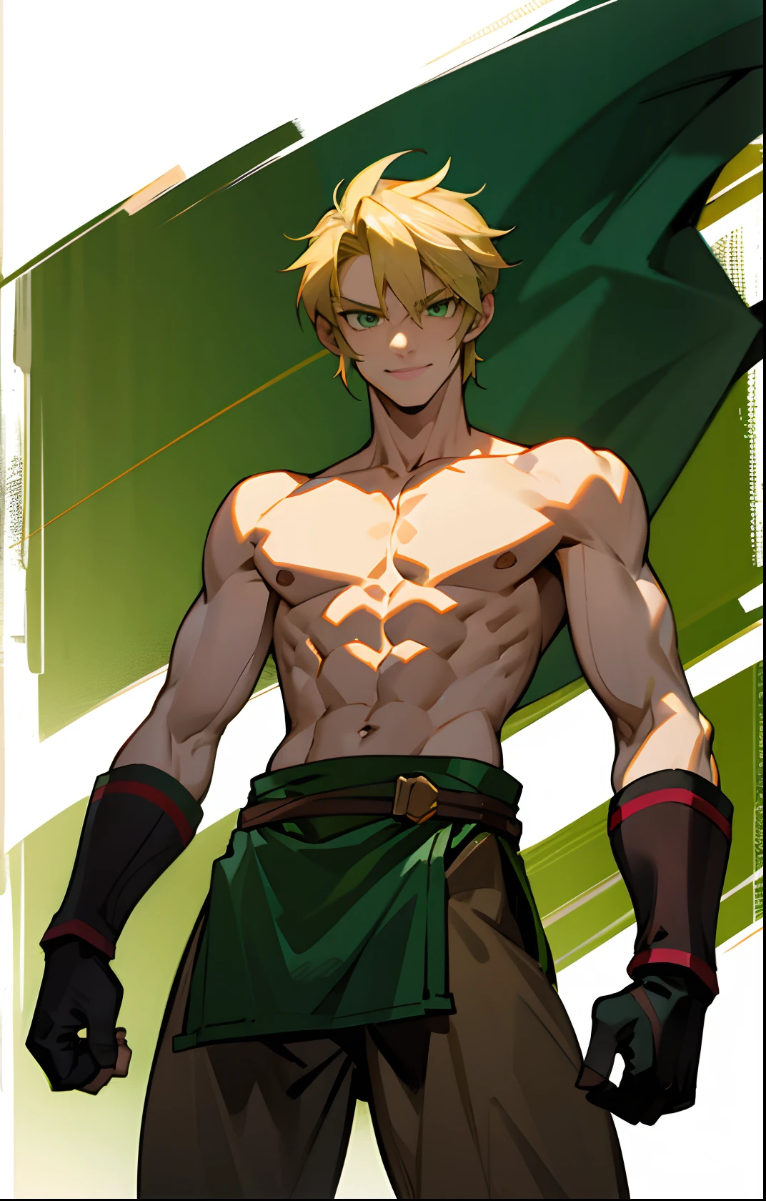 blond, tall, green-eyed guy, viking style, russian hero style, strong,  anime style, anime  , link, ( short gloves), standing, (topless:1.3), demigod , (muscular:0.5)(from above:0.1),(sport:0.2), (empty dojo),(smiling:0.2), (dominant),(evil)(confident)(sadistic)(adult:1)(masculine:1.2)(slender:0.2)(from below:0.3)(powerful)(looking at viewer), (showing sharp teeth:0.4)