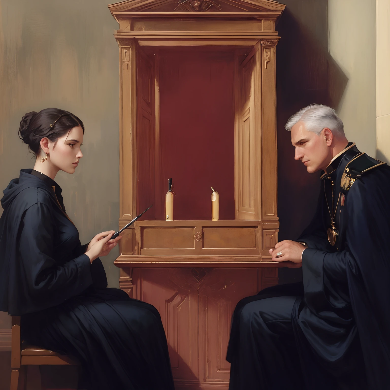 pintura de um padre e uma mulher sentada em frente a um espelho, Tom Bagshaw Donato Giancola, Charlie Bowater e Tom Bagshaw, kramskoi 4 mil, Directed by: Juan O'Gorman, Directed by: Ludwik Konarzewski, Darius Zawadzki e Tom Bagshaw, Directed by: Julian Fałat, Alberto Lynch