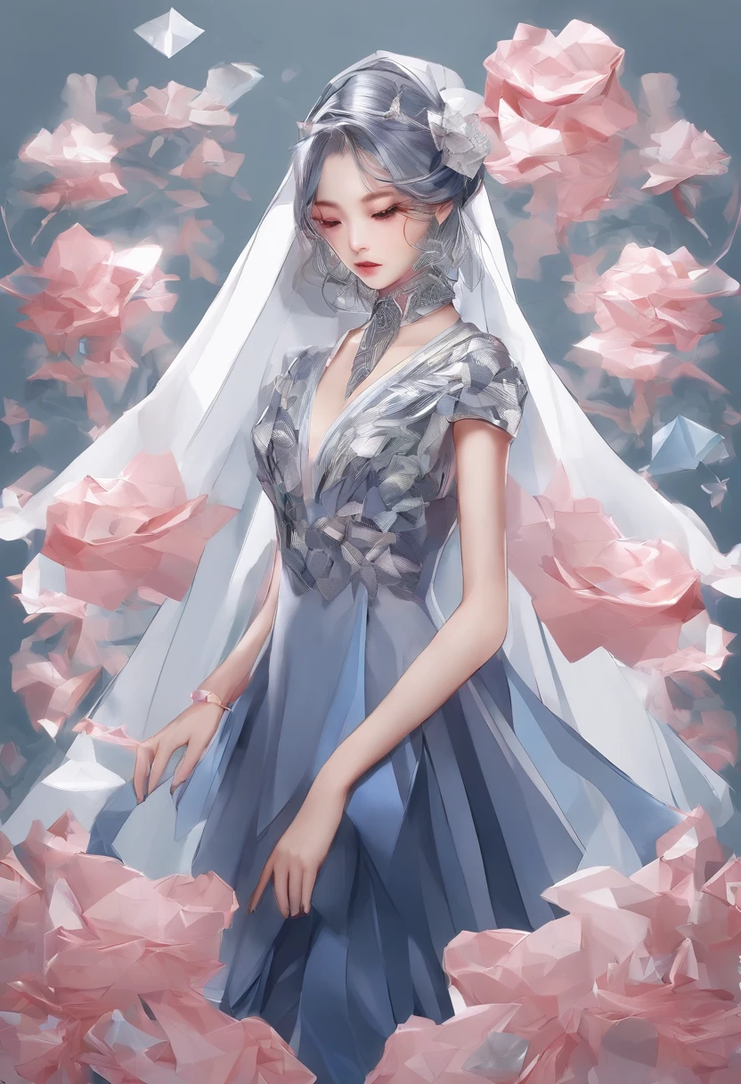 （A high resolution，ultra - detailed）， offcial art, Unity 8k壁纸, Ultra-detailed, Beautiful and aesthetically pleasing, tmasterpiece, best qualityer,long  skirt，Slim and slim girl，Wear a tulle dress with shimmering broken diamonds，With a hood，Hood head，The material of the clothes is very light，Gaia style，The clothes are wrapped in an auspicious cloud pattern