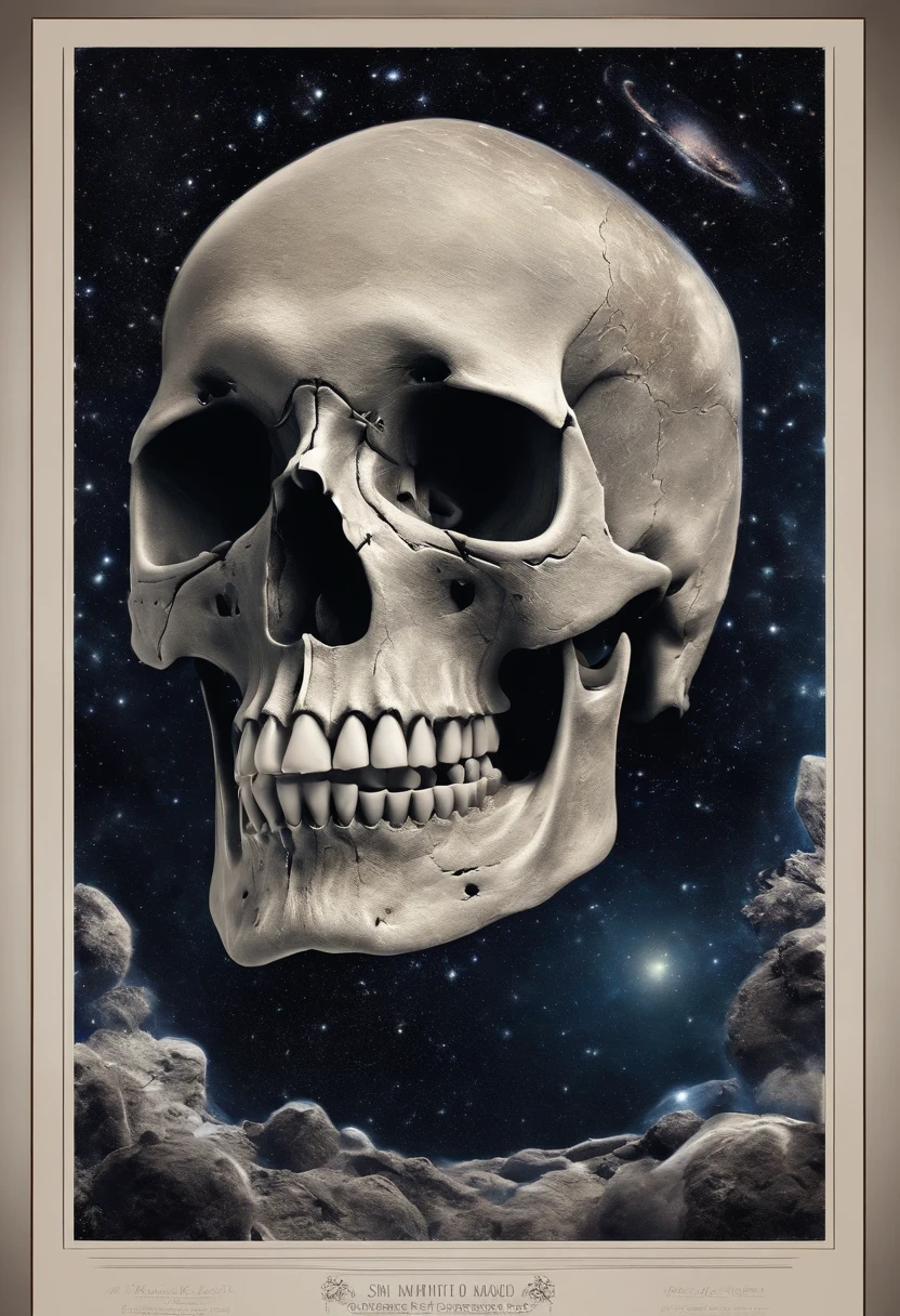 Create an image of a realistic skull with elements from outer space, as stars and galaxies, simbolizando o infinito e a eternidade da morte.