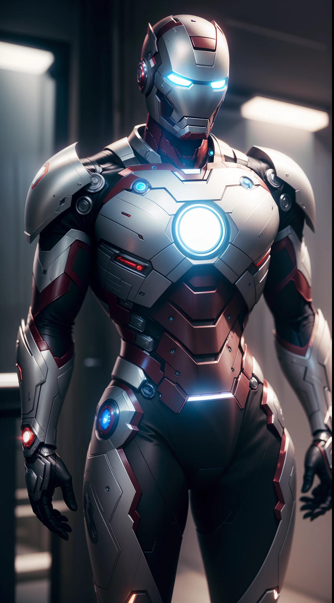 An intricate silver iron man cybiotics suit, extremely detailed suit, futuristic superman, micro-details, photorealism, one light, dark photo, deep shadows, shallow depth of field, photorealistic, Surrealism, high quality, masterpiece, 8k, 8k, super detail