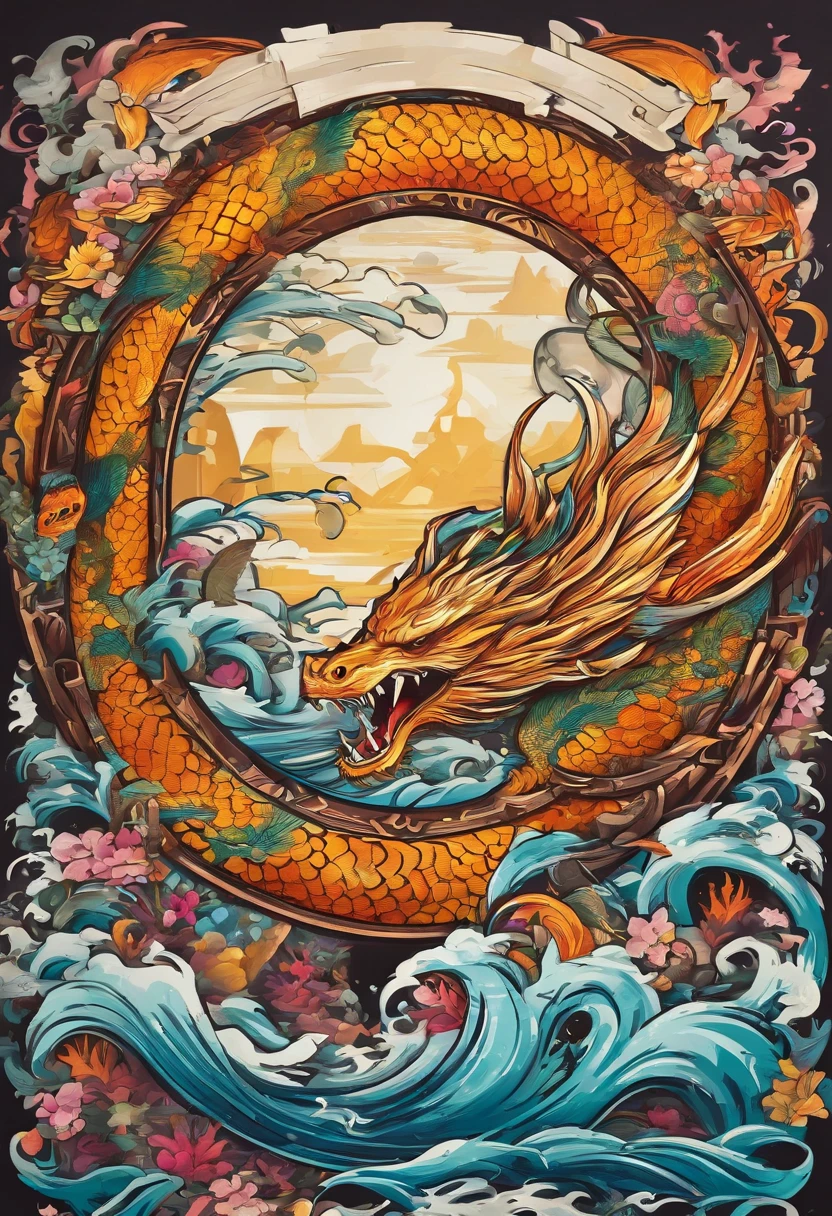 A round badge with two goldfishes jumping out of the water with an image of a dragon gate in the background, the meaning of fish jumping over the dragon gate, Chinese style, detailed details