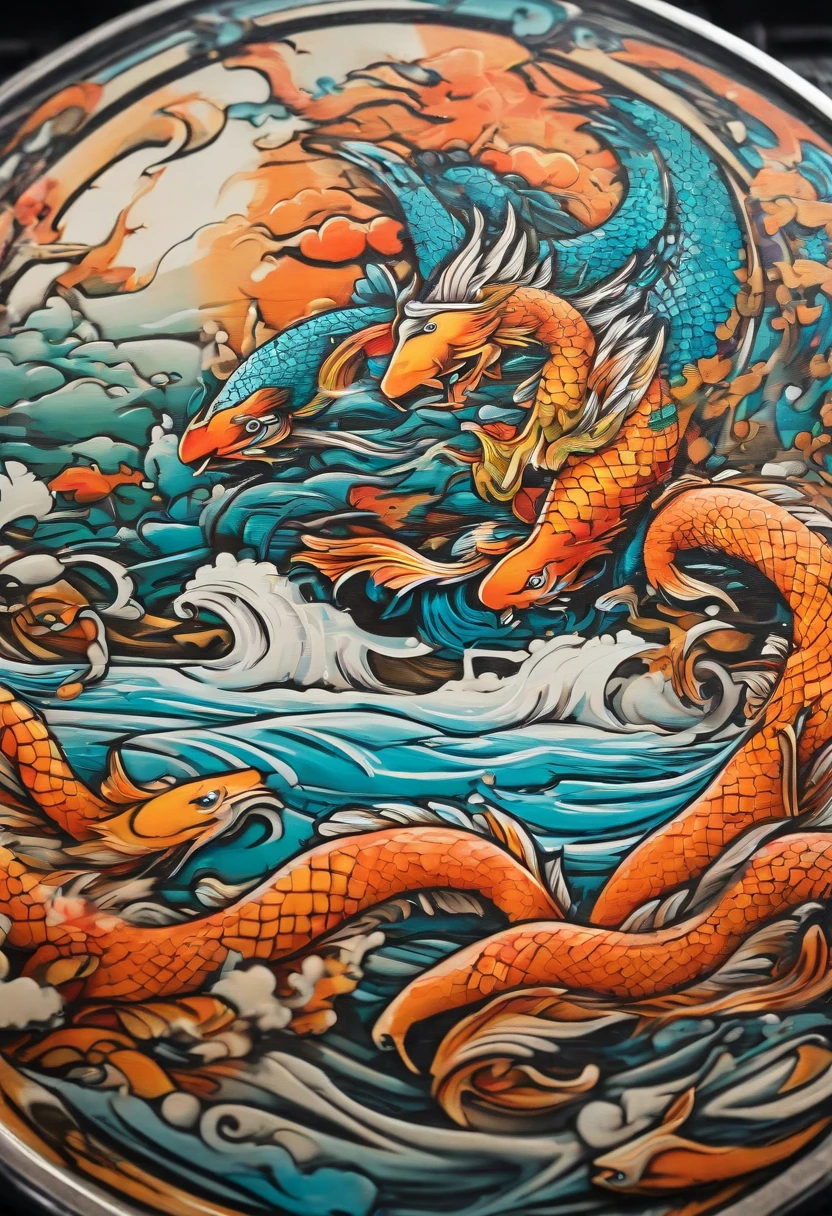 A round badge with two goldfishes jumping out of the water with an image of a dragon gate in the background, the meaning of fish jumping over the dragon gate, Chinese style, detailed details