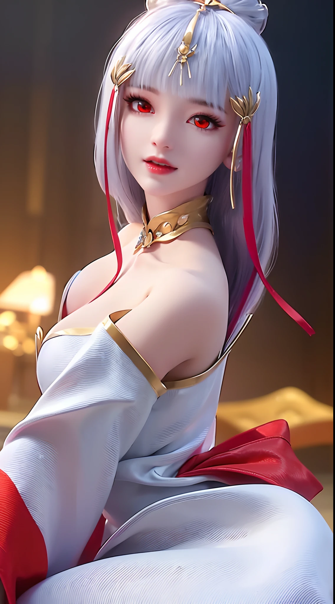 "A beautiful 20 year old young woman, (((sexy slim dress:1.6))), the body is balanced and plump, white dress with red trim, hanfu style, platinum hair color, platinum bangs, the most beautiful and detailed hair jewelry, extremely round shape and face beautiful, thin eyebrows, most beautiful and perfect face, ((black eye pupils:0.8)), very beautiful eyes, ((red eyes:1.4)), eyelashes makeup and beautiful details, high nose, earrings, thin lips, red lips, ((closed mouth: 1.5)), beautiful lips, (((arms behind your back:1))), smooth white skin, most beautiful thighs, ((arms spread out to the sides: 1.5)), strong arms and legs, rosy face, clean face, flawless beautiful face, smooth white skin, cleavage, ((big breasts:1.6)), ((very round breasts:1.3)), ((tight chest:1.2)), ((breast augmentation:1.5)), beautiful breasts, ((lower biceps: 1.5)), sitting across from the audience, hands on the floor, 8k photo quality, super high quality, super realistic, 10x super pixel, realistic photo, studio dark, rim light, two-tone light, (high detail skin: 1.2), ultra 8k, soft light, high quality, volumetric light, realistic, Photo, high resolution, light bright, best photo, 4k quality, Smooth and sharp, 10x pixels, (galaxy:1.7), aurora, lightning, surreal graphics, most realistic graphics, 1 girl, alone, solo, Super sharp, surreal images, closer to the girl, ((frontal portrait:1.5)),"