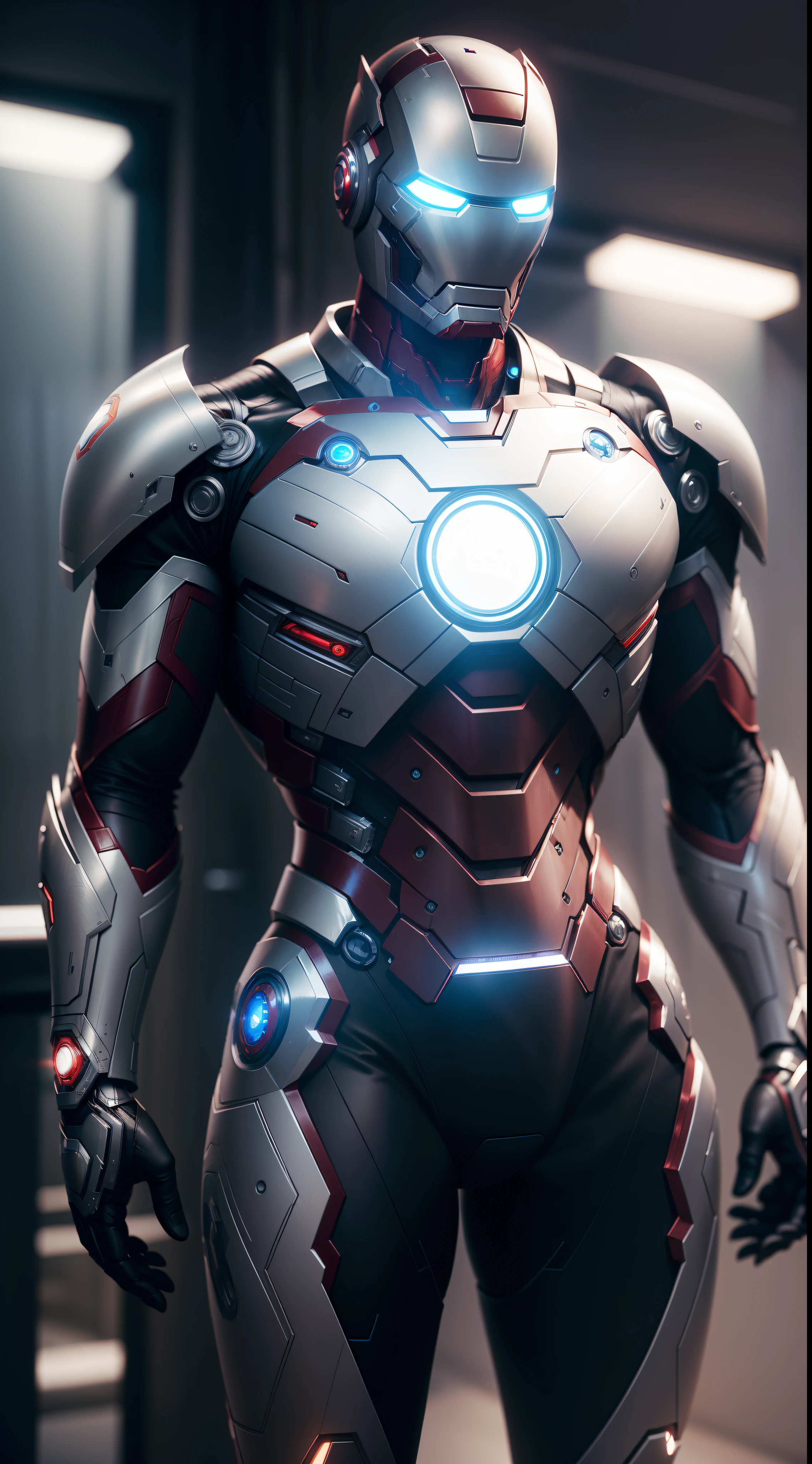 An intricate silver iron man cybiotics suit, extremely detailed suit, futuristic superman, micro-details, photorealism, one light, dark photo, deep shadows, shallow depth of field, photorealistic, Surrealism, high quality, masterpiece, 8k, 8k, super detail