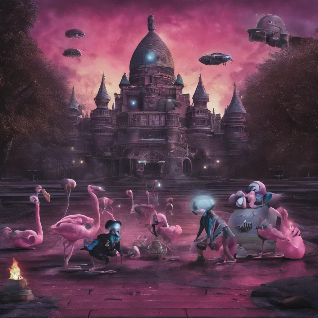Mickey Rato, uniforme, Pato Donald esfaqueia Mickey mouse, Donald wears Islamic clothes, flamingos zumbis no fundo, Disney Castle on fire and destroyed, Adolf Hitler, doing ballet, High detail, fotorrealismo, hiperreal, Antecedentes muito detalhados