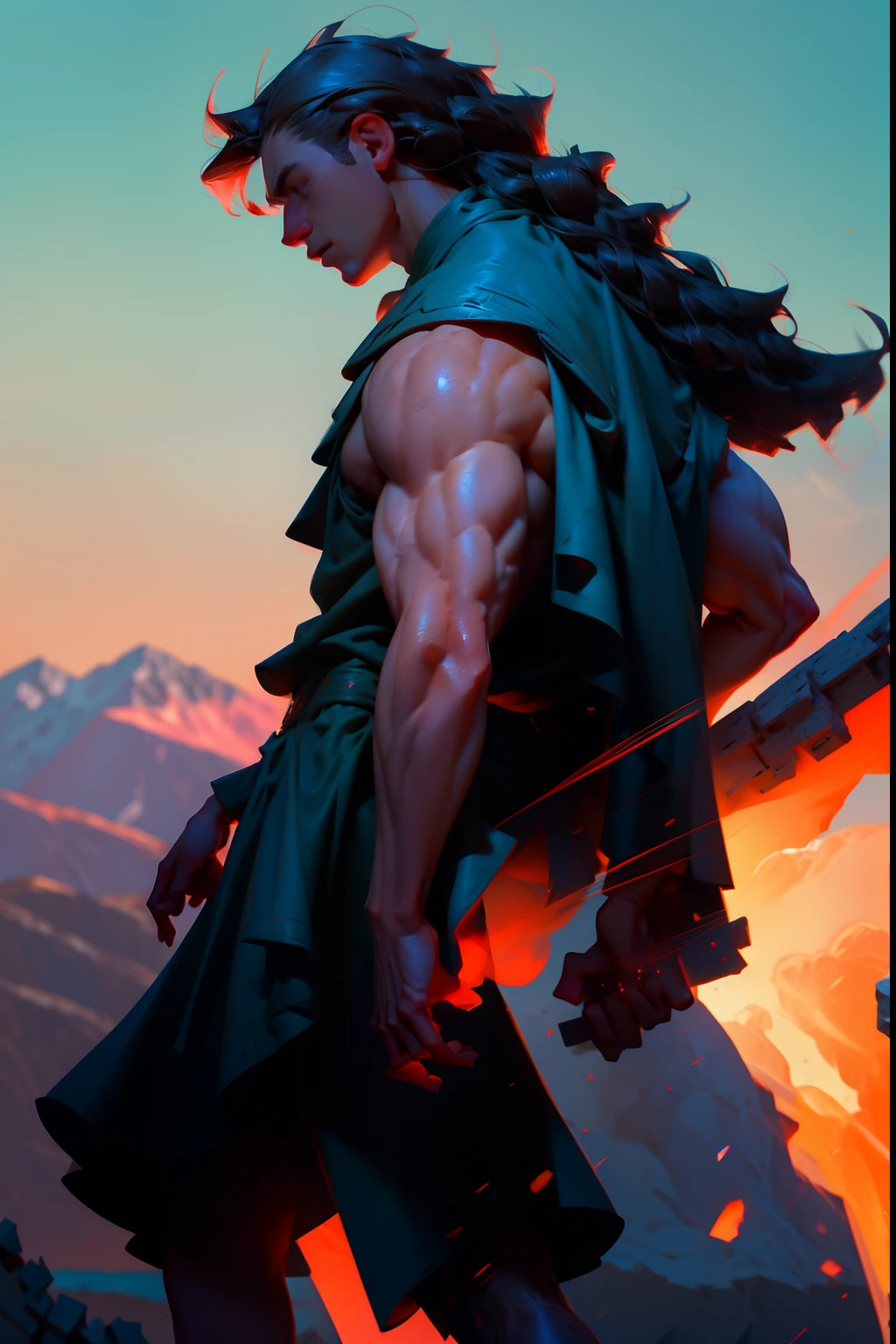 A heroic muscular man, holding a building brick, background is a castle wall, with distant mountains, mood is strength, enterprise, bravery, power, daytime light, character design.