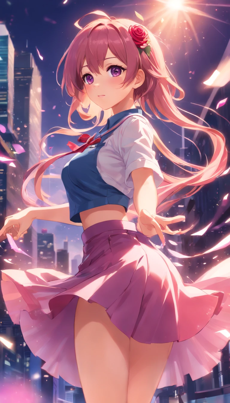 HighestQuali，tmasterpiece，A high resolution，Rose hair，Lori huge breasts cleavage，long whitr hair，1 woman，Purple skirt，facing to audience，shairband