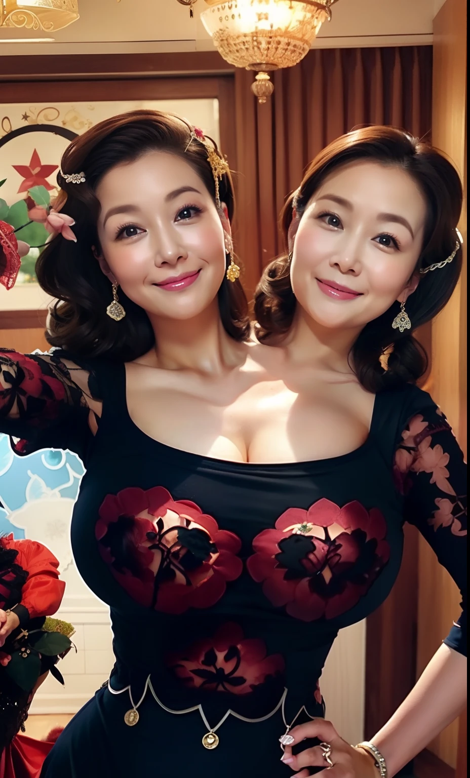 Mature and attractive woman、3 people、bbw、an lingerie、large boob、A smile、masterpiece、top-quality