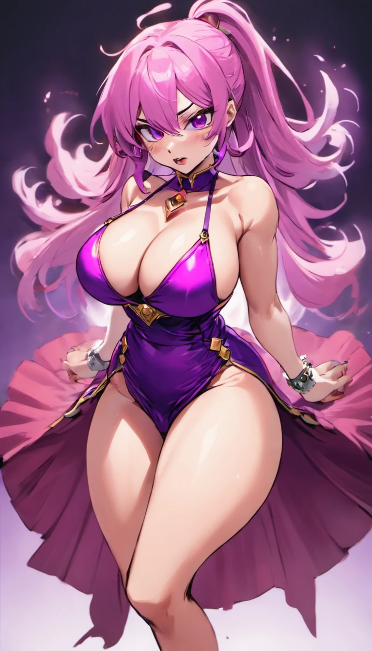 HighestQuali，tmasterpiece，A high resolution，Rose hair，Lori huge breasts cleavage，long whitr hair，1 woman，Purple skirt