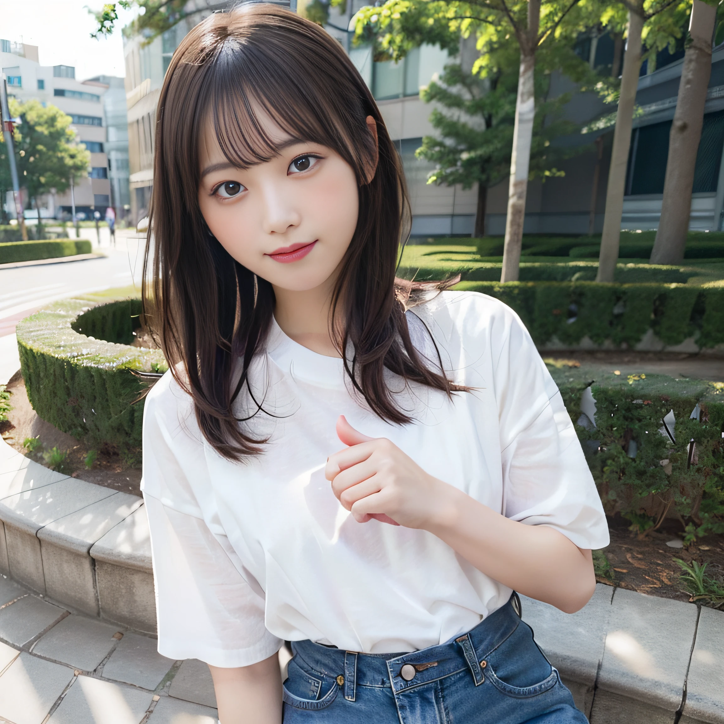 in 8K,Best Quality:1.4, 超A high resolution:1.5, (Photorealistic:1.4),​masterpiece:1.2,(top-quality:1.4)、 Raw photo、 (From the knee up:1.6, From Side:0.7), (the background is blurred), a park,FULL BODYSHOT:1.4、 1日本人の女の子, Cute, (Solo), (Shy smile), Smooth skin、ＴThe shirt、Denim shorts、 (Brown medium hair,Bangs), (touch hair:1.4)、nogizaka、cute little、Supple fingertips,Beautiful black eyes、natural skin textures:1.3, realistic eyes and face details:1.7、middlebreasts、Gravure Pose：1.1、Toned buttocks、gazing at viewer、The camera is３Move m backward:1.3、FULL BODYSHOT