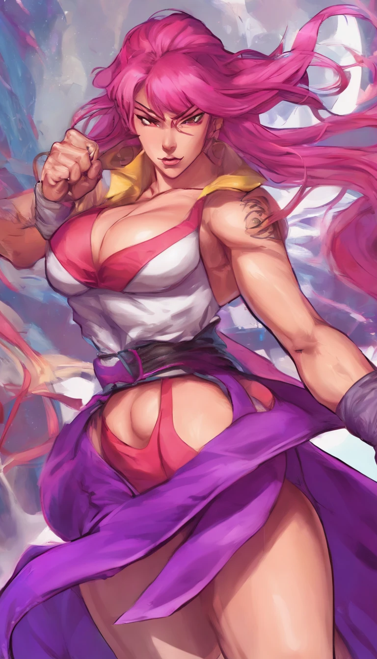 HighestQuali，tmasterpiece，A high resolution，Rose hair，Lori huge breasts cleavage，long whitr hair，1 woman，Purple skirt