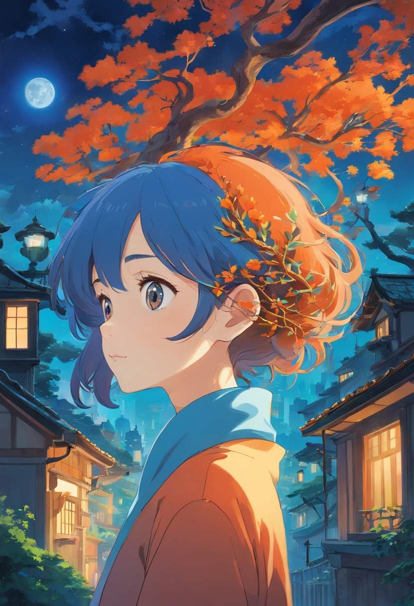 a colorful digital artwork of a woman's head and branches, in the style of haunting houses, graceful surrealism, depictions of urban life, dark sky-blue and orange, portraitures with hidden meanings, caricature-like illustrations, metropolis meets nature --ar 69:128 --s 750 --niji 5