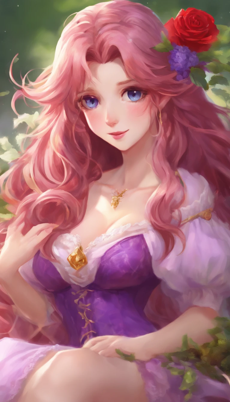 HighestQuali,tmasterpiece,A high resolution,Rose hair,Lori huge breasts cleavage,long whitr hair,1 woman,Purple skirt