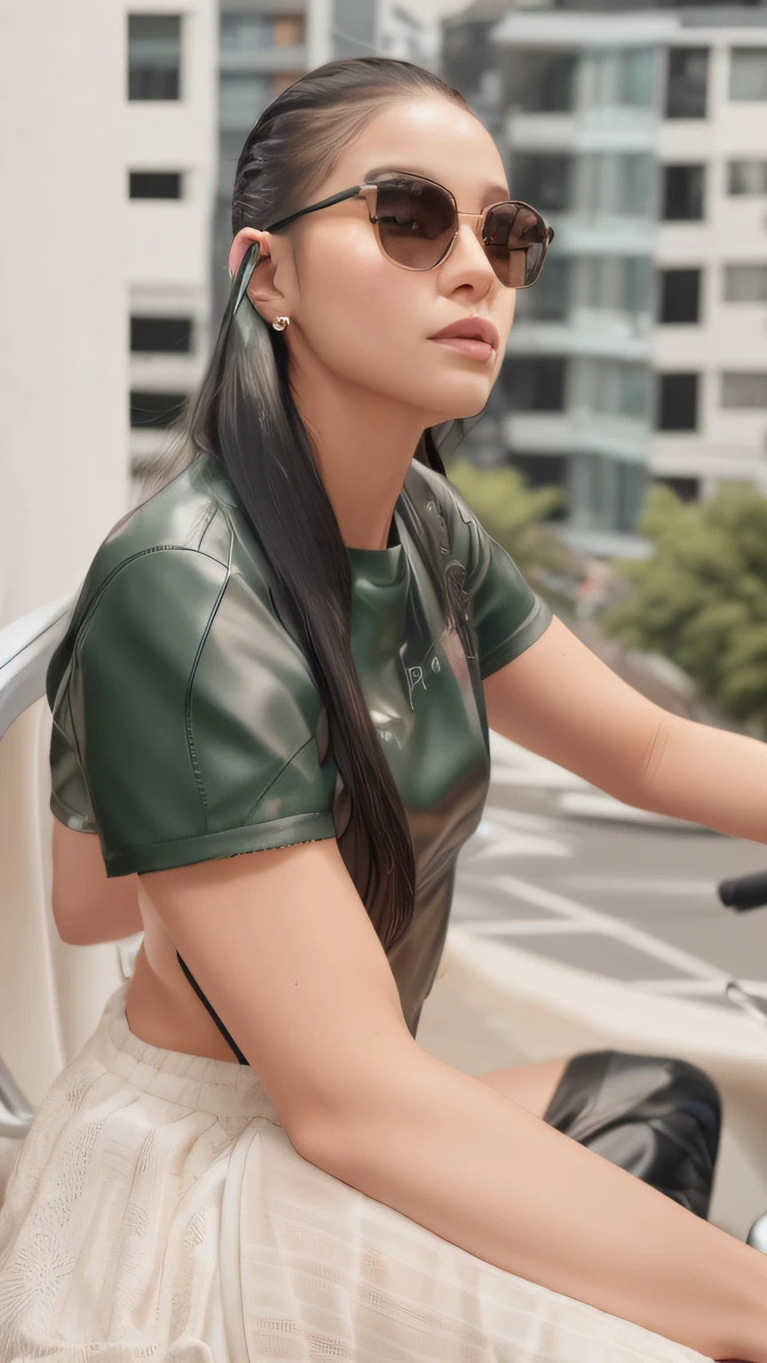 There's a woman who's sitting on a motorcycle, female with long black hair, olhando de lado, cabelo preto longo em um rabo de cavalo, virado para a direita, rabo de cavalo cabelo preto, longo cabelo preto verde liso longo, cabelo de rabo de cavalo, Pose de perfil, waist reaching ponytail, penteado liso, lado - vista, vista lateral, rear facing, com cabelo preto liso, side view, plano de fundo removido