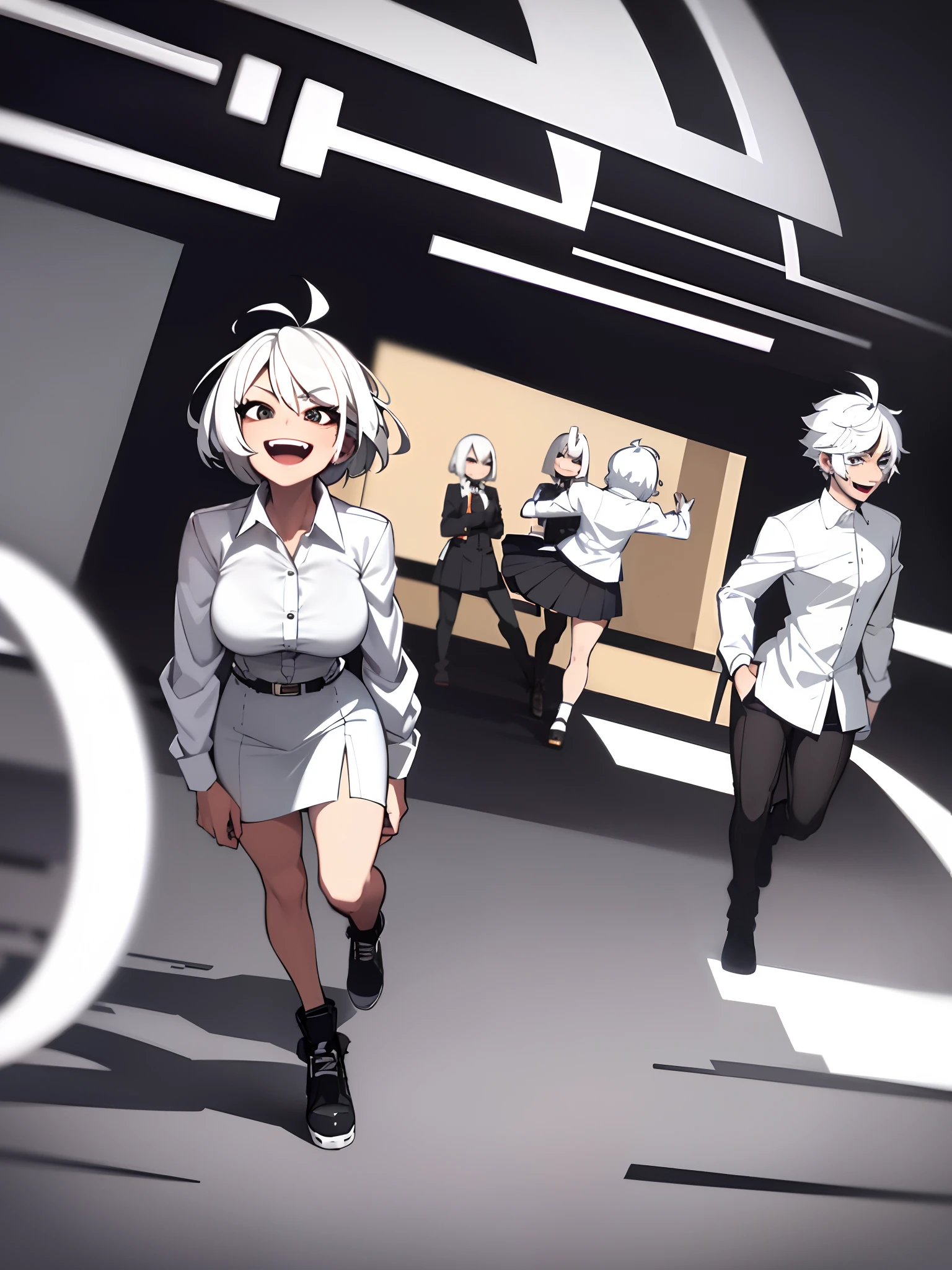 ((masterpiece, best quality)), (1girl), (solo), (female focus), (ahoge, white hair, short hair), black eyes, light smile, open mouth, ((white shirt), (buttoned shirt ), (button slit)), ((black dress), (short skirt)), standing, white background, behind arms, dynamic angle