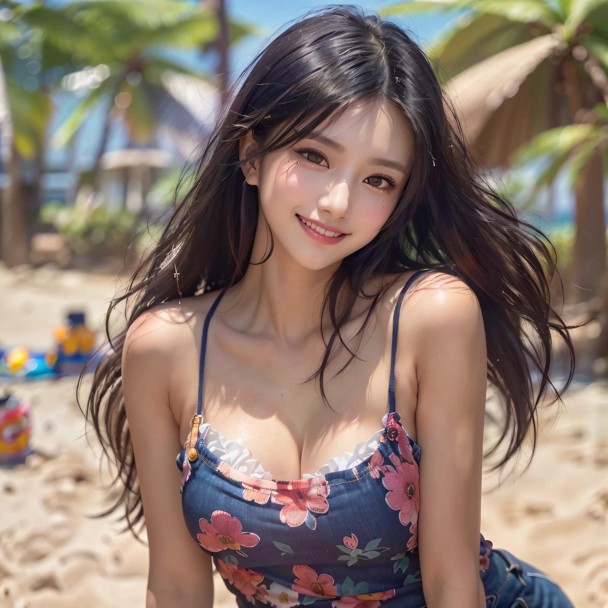 ((8k, RAW photos, top quality, masterpieces), high-definition RAW color photos, (realistic, photorealism:1.3), (highest quality), (best shadows), (best illustrations), (1girl:1.1), ((ultra high resolution, high-definition CG unified 8K wallpapers, physically based rendering, movie lighting), 18 years old girl, Floral tank top, Jeans fabric shorts), beautiful detail eyes, light on the face, ((close up face:1.2)), especially strong light, (upper eyes, grinning smile:1.2), shiny skin, (black hair, semi-long hair:1.2), (good anatomy:1.2), ((On the beach:1.2)), perfect face, cute face, (high angle shot:1.2), (Show cleavage), perfect body, make up