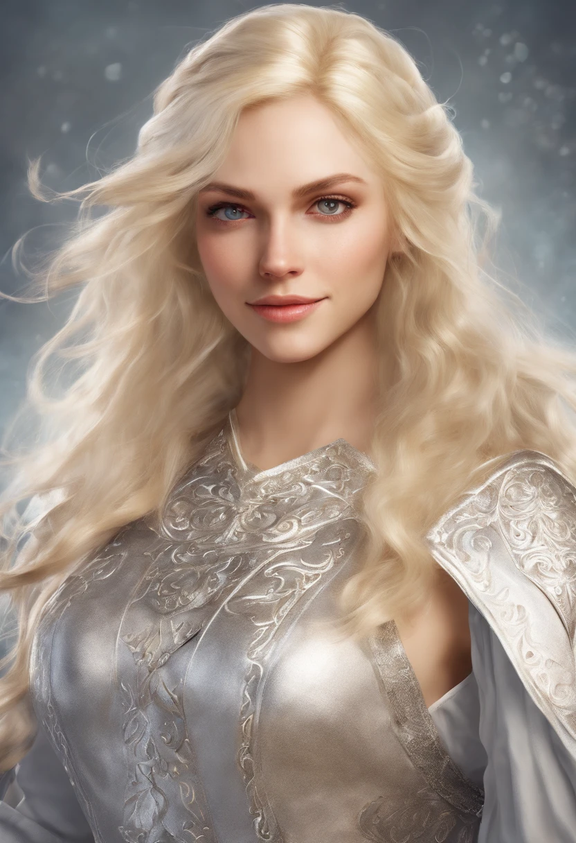 Very beautiful blonde cleric with an all silver outfit