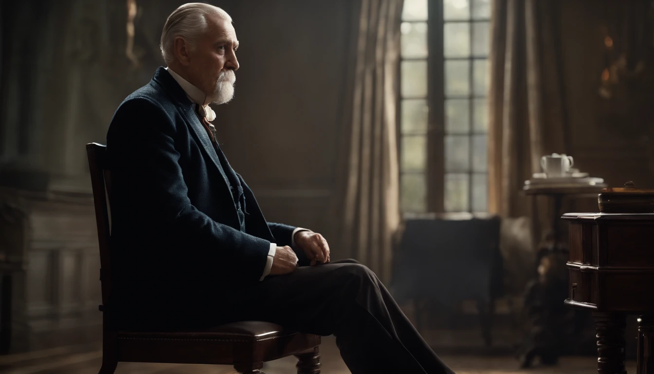 Old gentleman with a goatee，sit on chair，Eyes look at the boots，Black high-gloss rain boots, 8K分辨率,Wallpaper masterpiece，Best quality，digitial painting，Highly meticulous，Ultra high quality