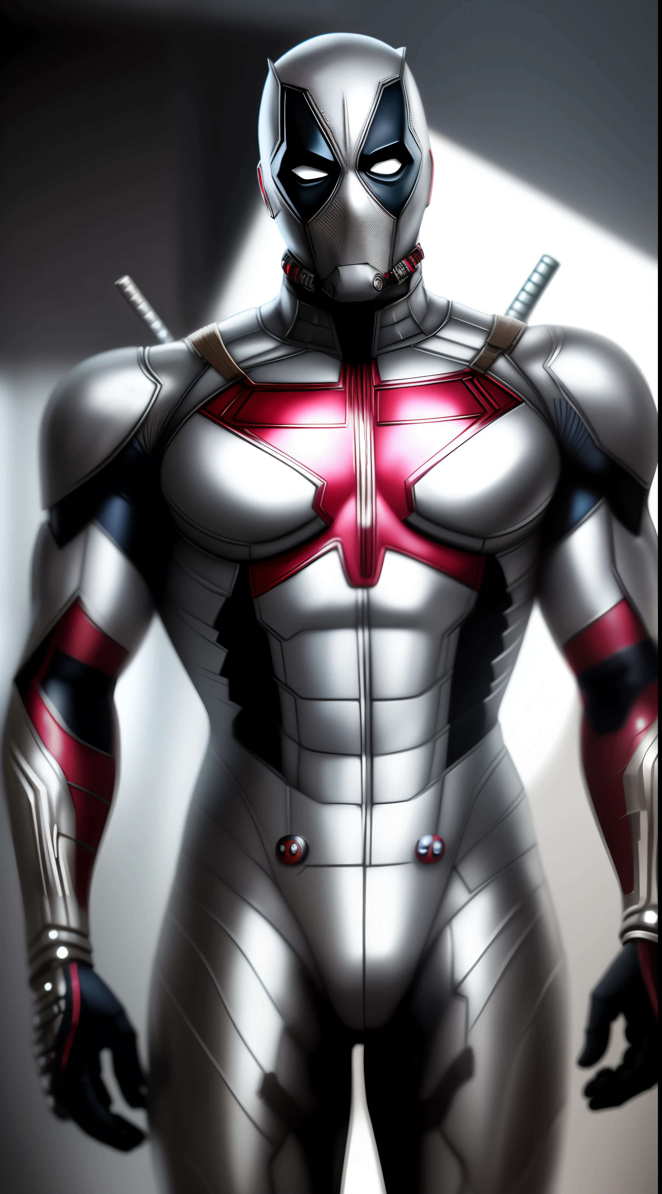 An intricate silver deadpool cybiotics suit, extremely detailed suit, futuristic superman, micro-details, photorealism, one light, dark photo, deep shadows, shallow depth of field, photorealistic, Surrealism, high quality, masterpiece, 8k, 8k, super detail