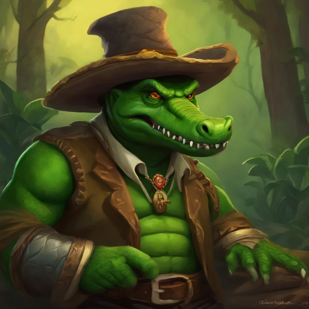 Cartoon of a man with a hat and a green face, alligator shaman, archwizzard in a hat, um pirata goblin, design de personagem monstro, Orc fundido com videiras, Estilo Rato Fink, Lagarto, Criatura da loucura, retrato verde