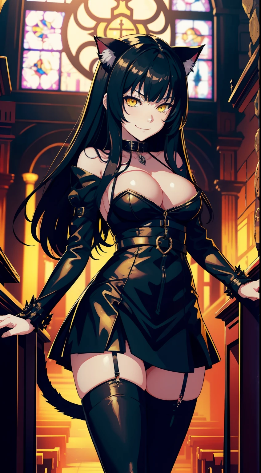 wallpapers, 4k, Anime style, Masterpiece, (1girl, cat ears, Long black hair, Yellow eyes, Catgirl is a bit immature, Evil smile, smirk, looking a viewer, appealed to the viewer), (collar, black leather clothing, Ecclesiastical clothing, Straps), Church of Satan, The interior of the church in dark Gothic behind,  Hellish atmosphere