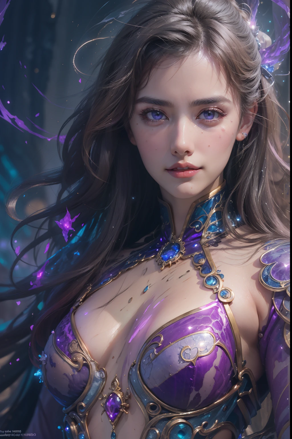 from side, photorealistic, official art, unity 8k wallpaper, 8K portrait, best quality, very high resolution, (incredibly beautiful nature background:1.6), one girl, one beautiful teenage Italian girl, 16yo, Obscene, (Sexy and glamorous:1.1), (A coquettish expression:1.6), (Small breasts with raised pink areolas:1.6), vulgarity, (smiling seductively:1.2), (full body1.0), (erotic posing:1.5), (magic attack posing:1.6),(magical effects like sparkles or energy:1.5), (electric shock from hands:1.1), (detailed blue bodysuit with beautiful fractal or marble design:1.5), (Beautiful and delicate ruby, topaz, emerald and sapphire jewelry:1.45), beautiful fascinated face, portrait, (thick eyebrows:1.2), (big violet eyes:1.2), symmetrical fine purple beautiful eyes, (ultra-detailed violet eyes:1.4), (High resolution eyes:1.1), intimate face, (ultra-detailed skin texture:1.4), perfect anatomy, thin, (beautiful toned body:1.1), hair bow, (moist skin:1.1), sweaty, no makeup, dark circles, good anatomy, focus face, good looking, (Emilia Clarke:0.6) (Emma Watson:0.3),(Jennifer Conelly:0.4), (sensual face:1.5), elegant face, nice, sweet, cyberpunk sci-fi, (intricated beautiful designed gauntlet:1.2), blurred background, blurred foreground, depth of field, (motion blur:1.1), complex colorful biomechanical bodysuit, zentangle, mandala, entangled, (small breasts:1.2), thin breasts, (beautiful :1.2), (nsfw:1.2), large hips, drivel, juice stain, breast grab