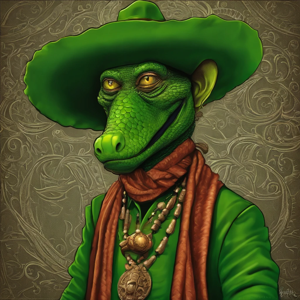 Cartoon of a man with a hat and a green face, alligator shaman, ArchwizzardRato Fink, Lagarto, Criatura da loucura, retrato verde