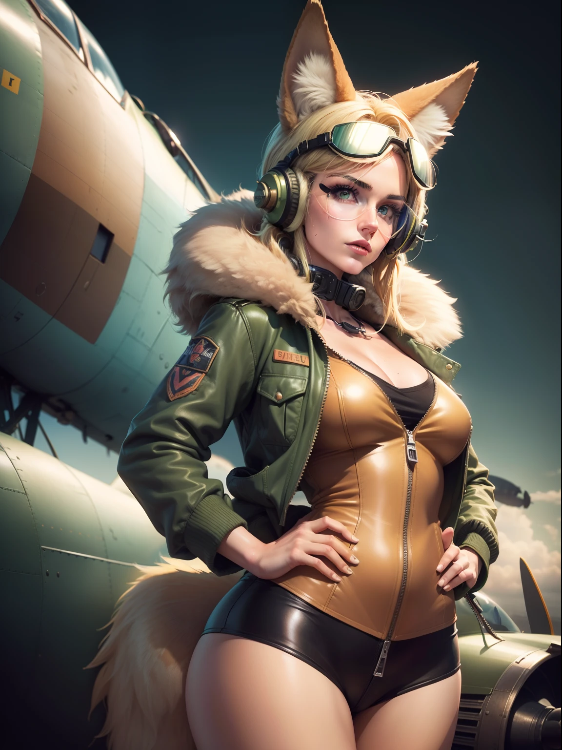 a funny retrowave ((coyote female)), (pure beauty), ((pretty detailed face)), wearing a world war 2 pilot jacket (leather), green (pilot suit) with zipper, and (pilot goggles), ((thight clothes))david clark headset (green), sexy, slim body, ((blonde hair)), neon ligthning, full body picture, full head picture, 80s atmosphere, fur, (fur ears), fur tail, retro arcade game vibes, (looking at camera), 8k, ((high resolution)), very detailed, ultra hd, nose art pin up, ((over a background with an old airplane))
