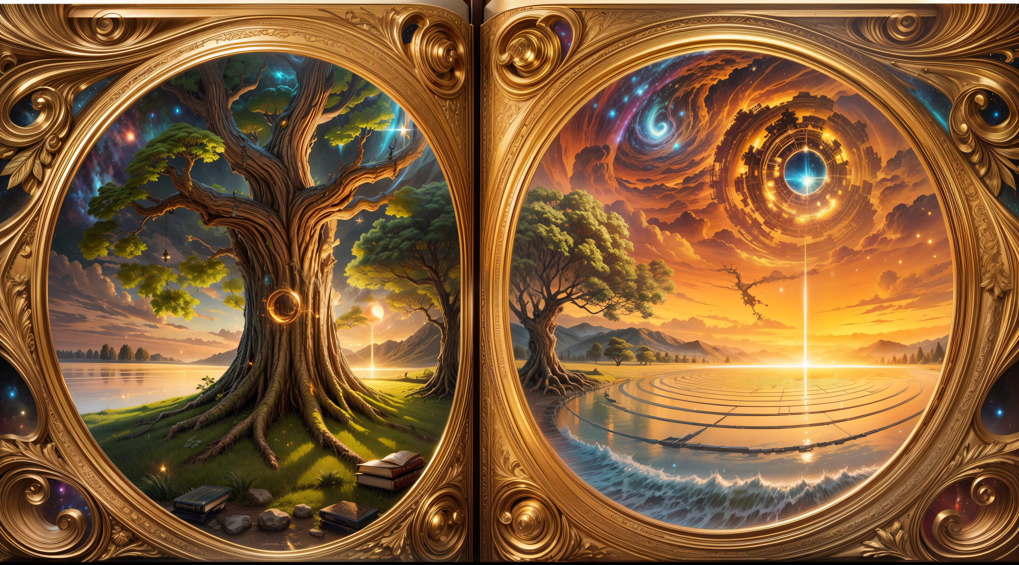 Chronos Portal, tree, galaxy, reading golden ornate book, evening, glow, sunset