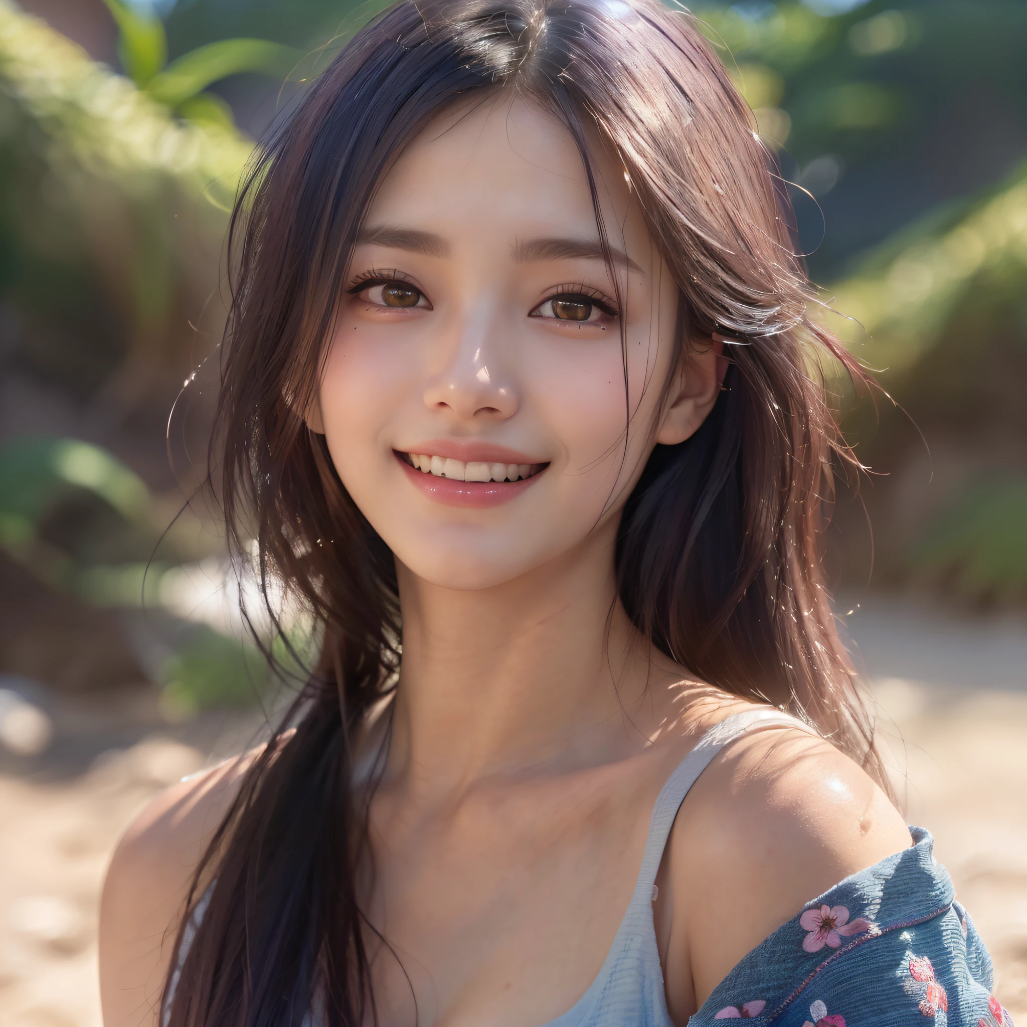 (highest quality,masterpiece:1.3,ultra high resolution),(Super detailed,caustics),(realistic:1.4,RAW shooting),(Vibrant color saturation),1 girl,20-year-old、smiling、Blurred background,Ocean、light up、resort、bangs、Idol