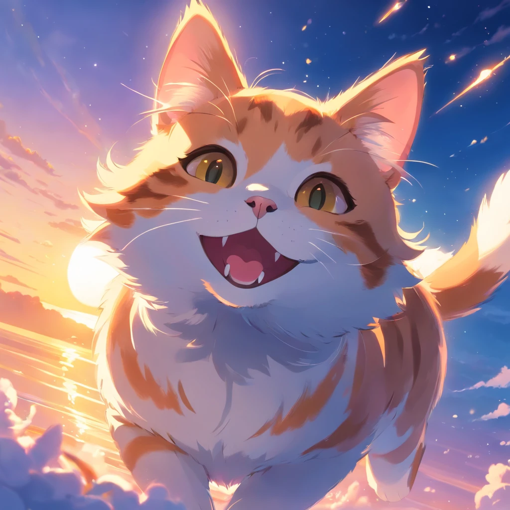 Cat , Floating in the sky, close-up, Bright,Cat, Happy, Warm and soft lighting, Sunset, (sparks:0.7)