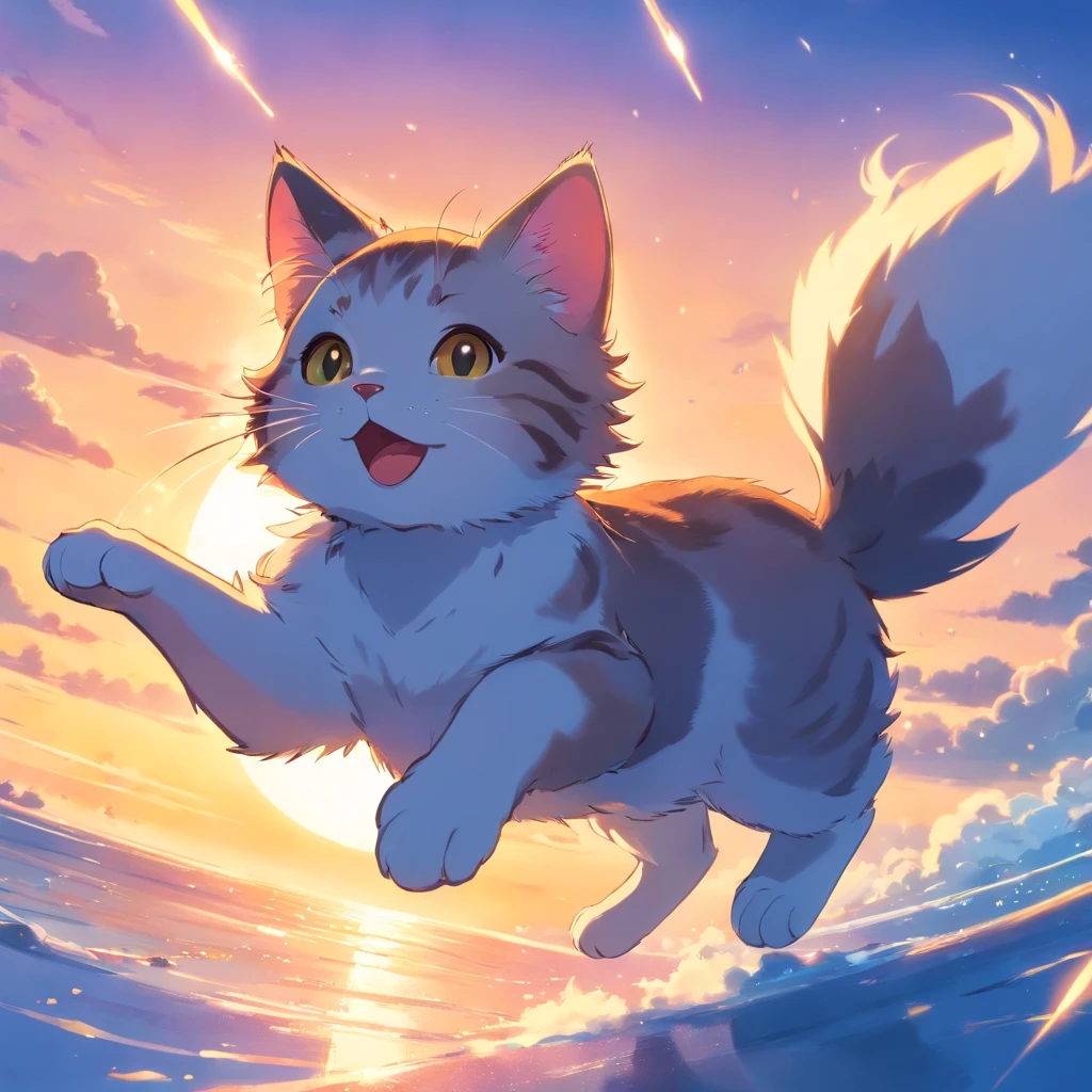 Cat , Floating in the sky, close-up, Bright,Cat, Happy, Warm and soft lighting, Sunset, (sparks:0.7)