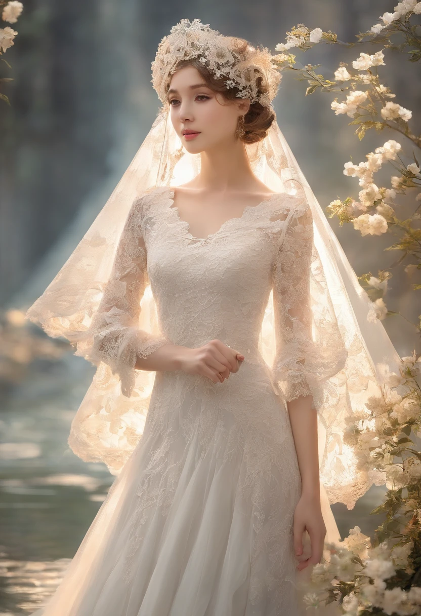 Elegant lace dress dress,Put on a beautiful flowing veil,(A white veil is worn on his head)With a fairy temperament,Classic white fresh and idyllic,Pure and noble tones collide with delicate and soft lace,It exudes luxury,Dress dress,Lace lace turtleneck sweater,Vintage and literary,Hazy,