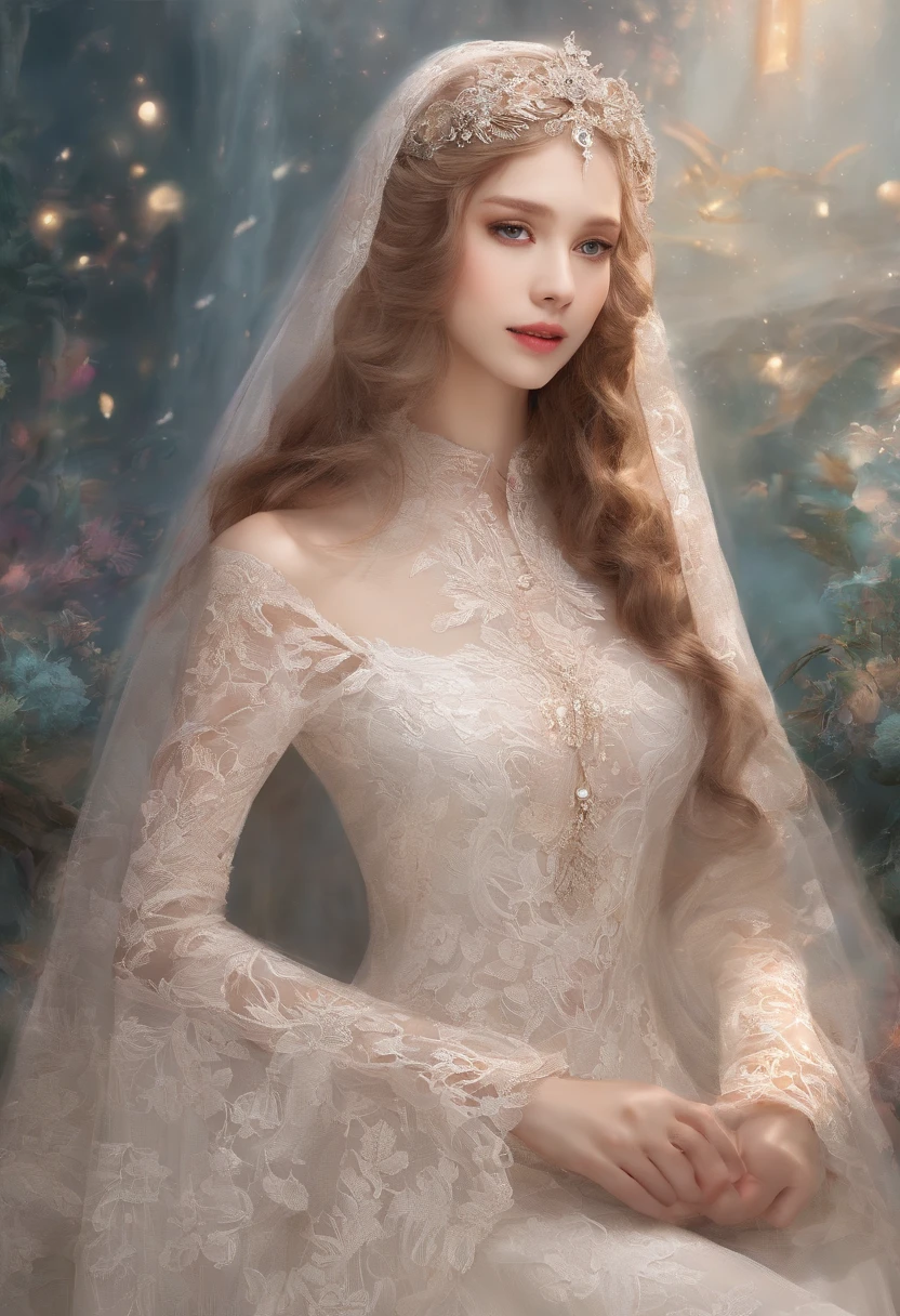 Elegant lace dress dress，Put on a beautiful flowing veil，（A white veil is worn on his head）With a fairy temperament，Classic white fresh and idyllic，Pure and noble tones collide with delicate and soft lace，It exudes luxury，Dress dress，Lace lace turtleneck sweater，Vintage and literary，Hazy，