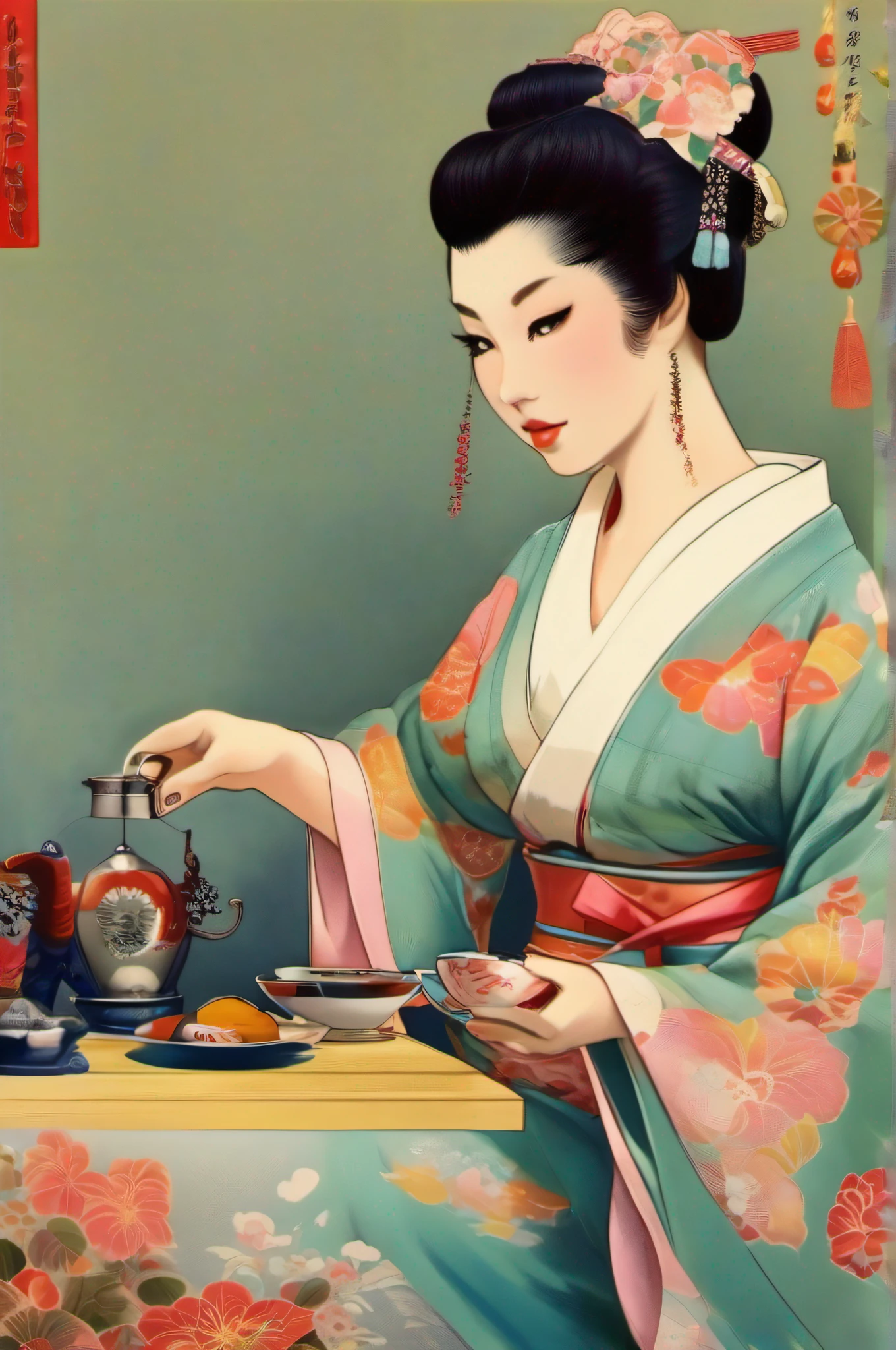 Kayatana, Japanese classicism, Burlesque, beautiful woman in kimono serving tea,