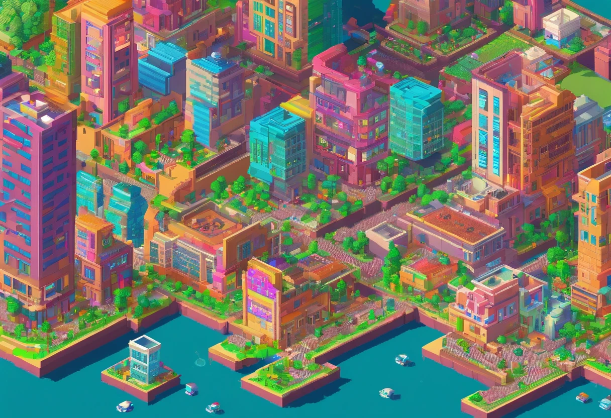 (pixel-art style:1.4), futuristic AI-powered city, view from above, isometric, (octane render:1.1), intricate details, (vivid colors:1.4)