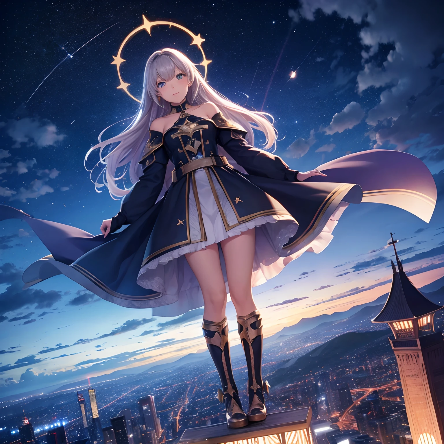 A beautiful gitl stands at a top of skycraper with a beautiful scene of the night, sky of stars, clouds,