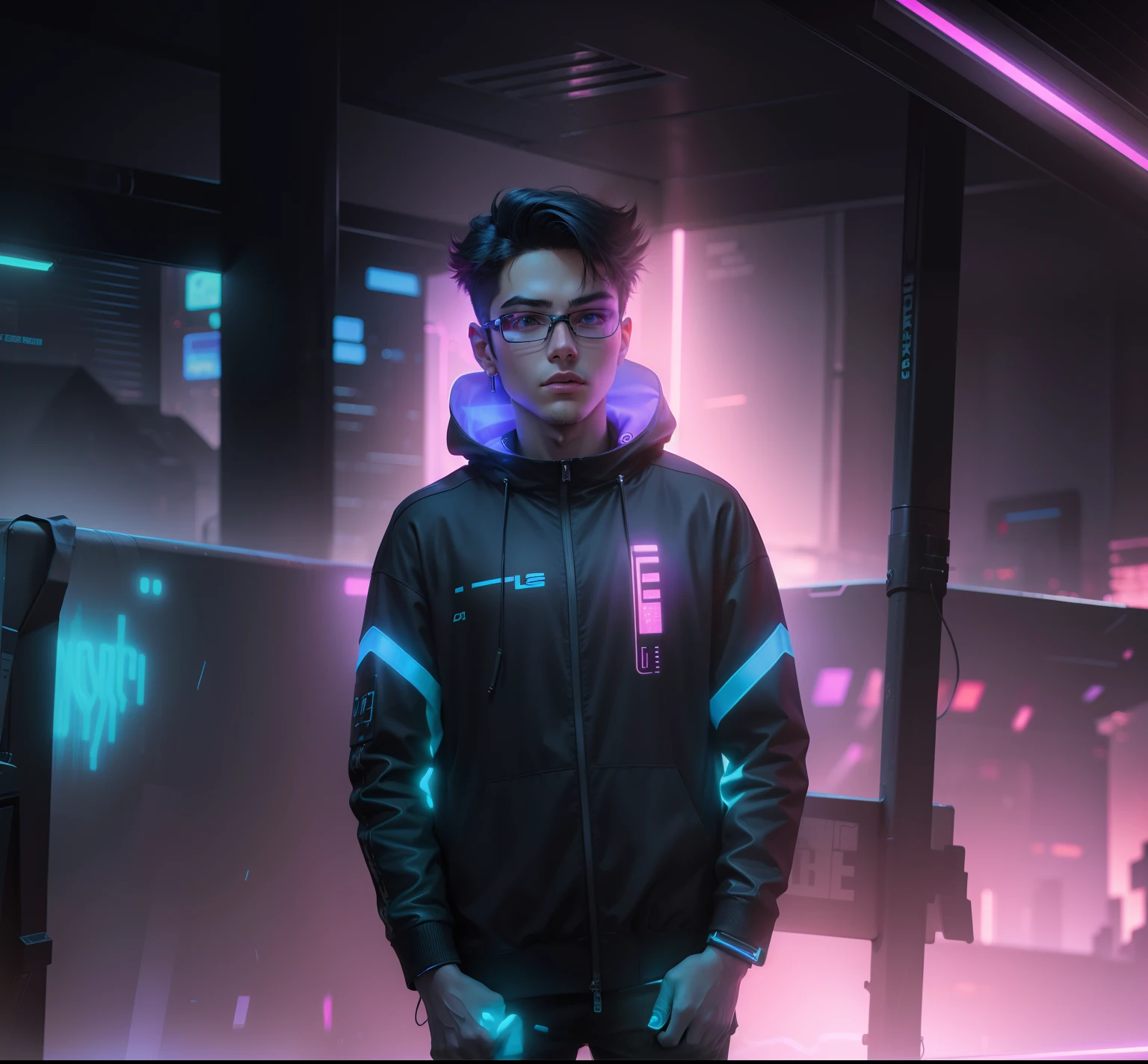 Change background to neon background, cyberpunk smart boy, ultra realistic