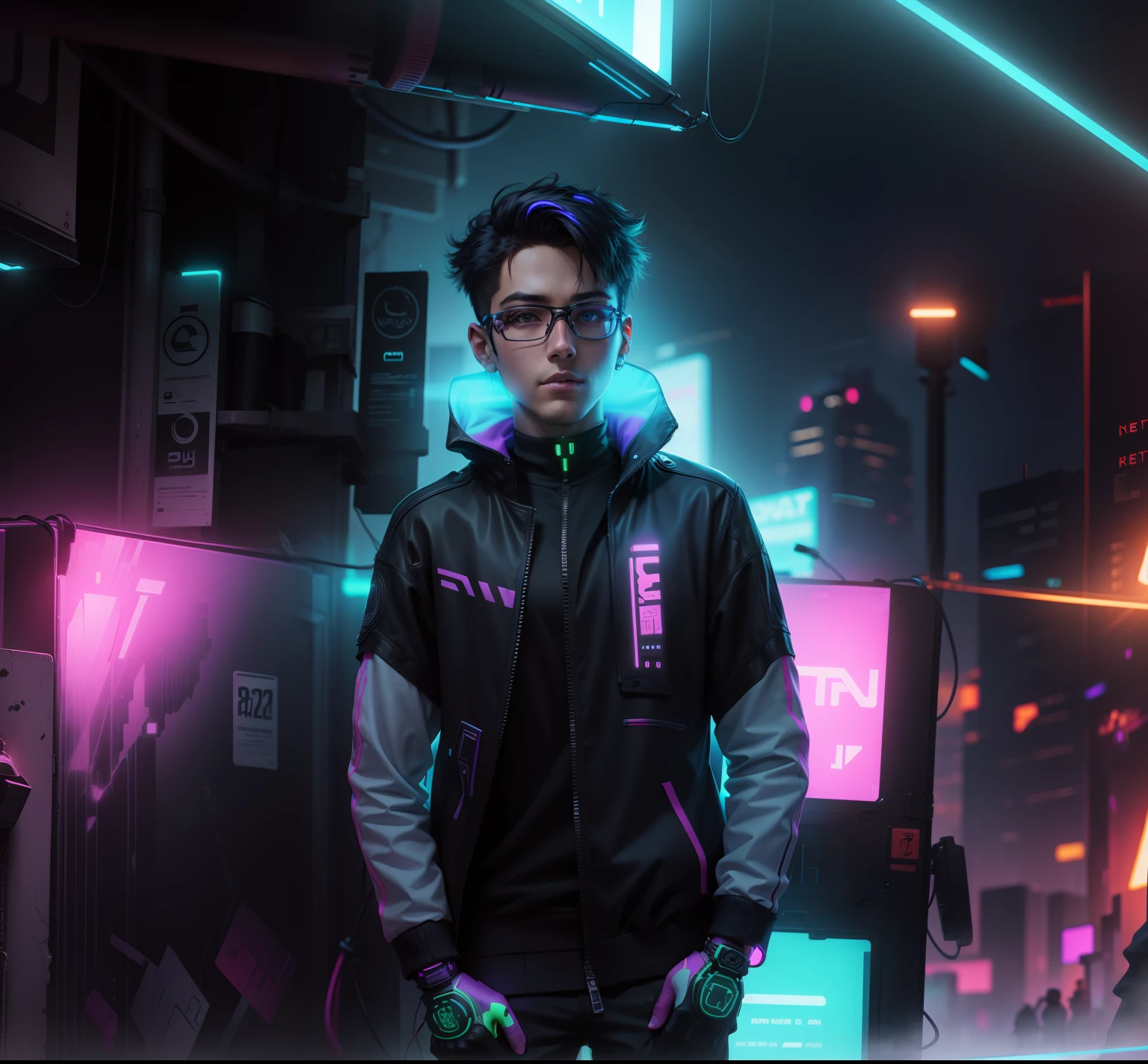Change background to neon background, cyberpunk smart boy, ultra realistic