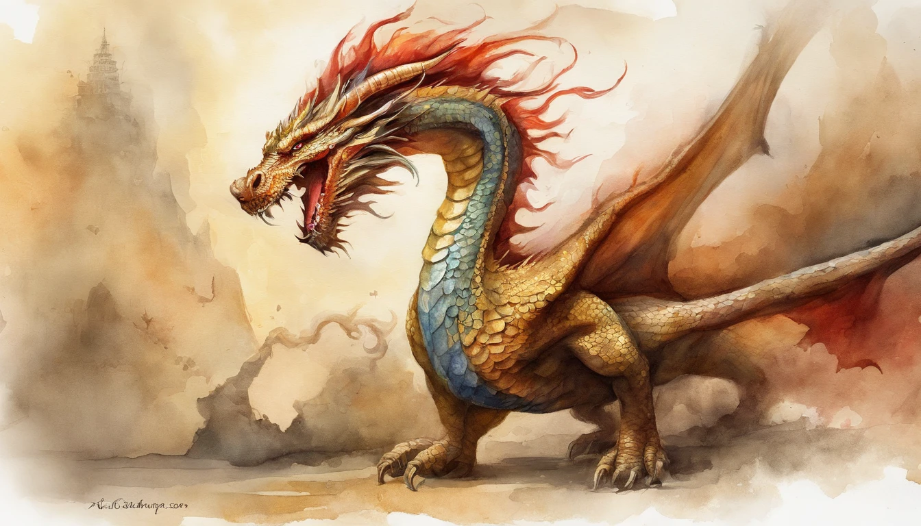 Close-up of a dragon with a long tail and a red tail, Smooth Chinese dragon, , Majestic Chinese dragon, Golden Dragon, drak, Big Golden Dragon, chinese dragon concept art, fire flaming dragon serpent, shenron, long dragon, Roun, dragon with scars, Dragon's Breath Fire, Golden Chinese dragon fantasy, Huge golden dragon!!!