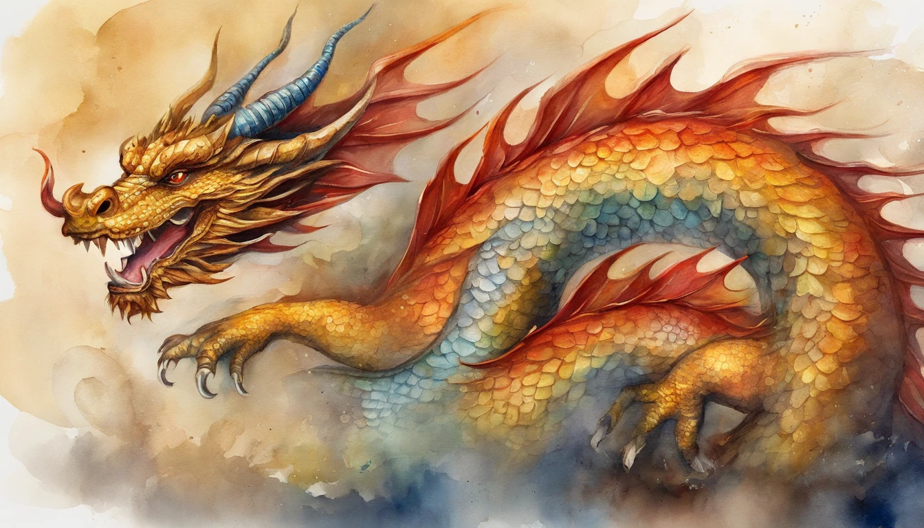 Close-up of a dragon with a long tail and a red tail, Smooth Chinese dragon, , Majestic Chinese dragon, Golden Dragon, drak, Big Golden Dragon, chinese dragon concept art, fire flaming dragon serpent, shenron, long dragon, Roun, dragon with scars, Dragon's Breath Fire, Golden Chinese dragon fantasy, Huge golden dragon!!!
